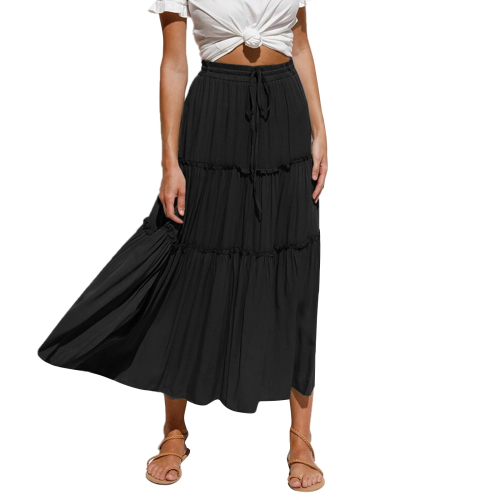 Long Pleated Skirt, Frilly High Waist Solid Color Drawstring Skirt