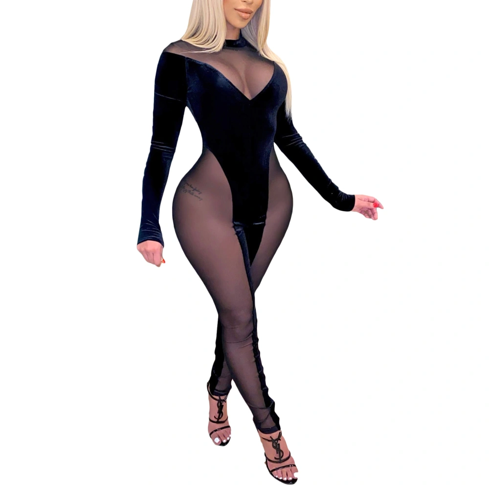 Woman's Mesh Splicing Jumpsuit, Turtleneck Long Sleeve Elastic Slim One-piece