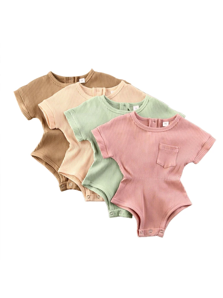 Newborn Baby Short Sleeve Romper Ribbed Knit Solid Color Elastic Waist Jumpsuit