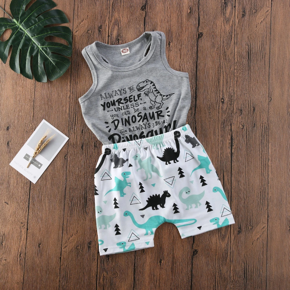 2Pcs Baby Summer Outfits, Letters Print Tank Top + Dinosaur Print Shorts