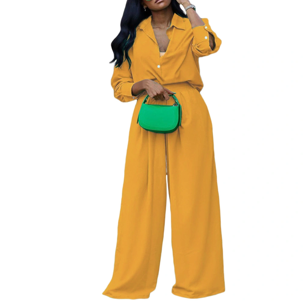 Women Pants Set, Long Sleeve Button-down Shirt with Wide Leg Trousers 