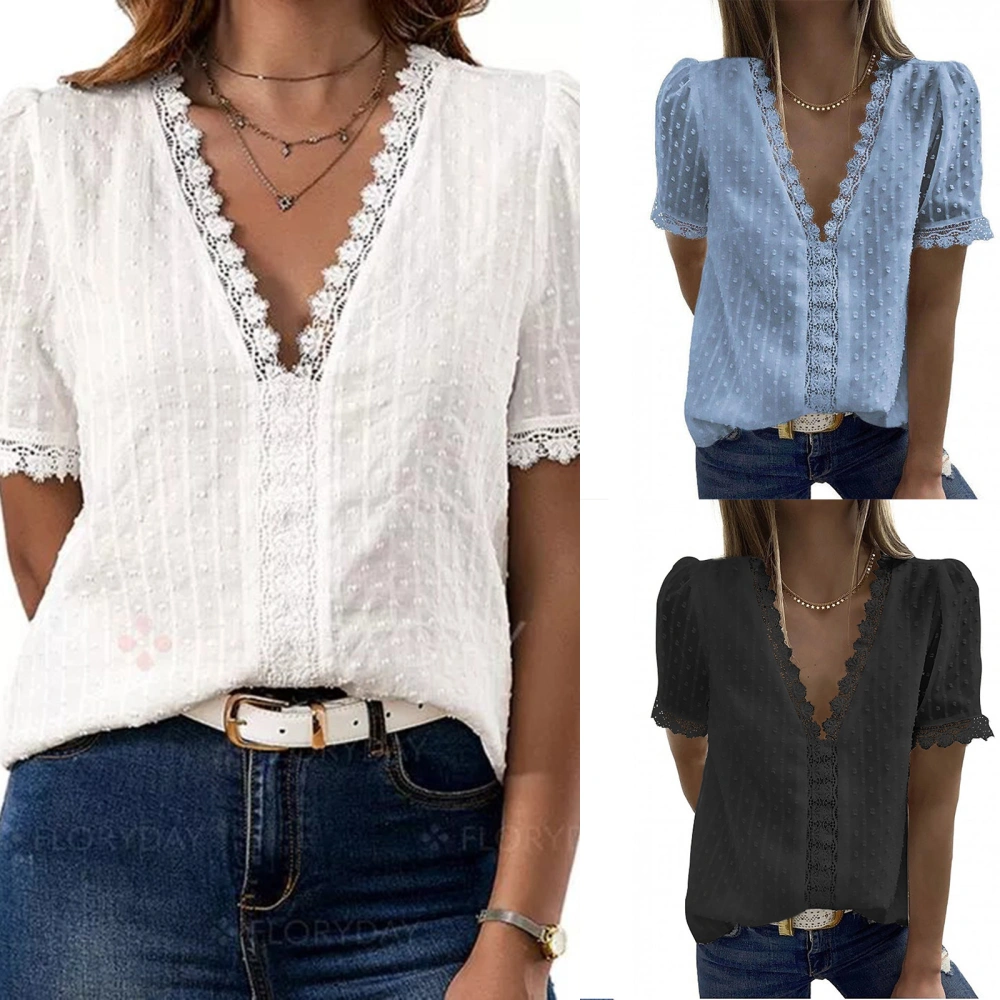 Women Loose Jacquard Solid Color Short Sleeve V-neck Lace T-shirt