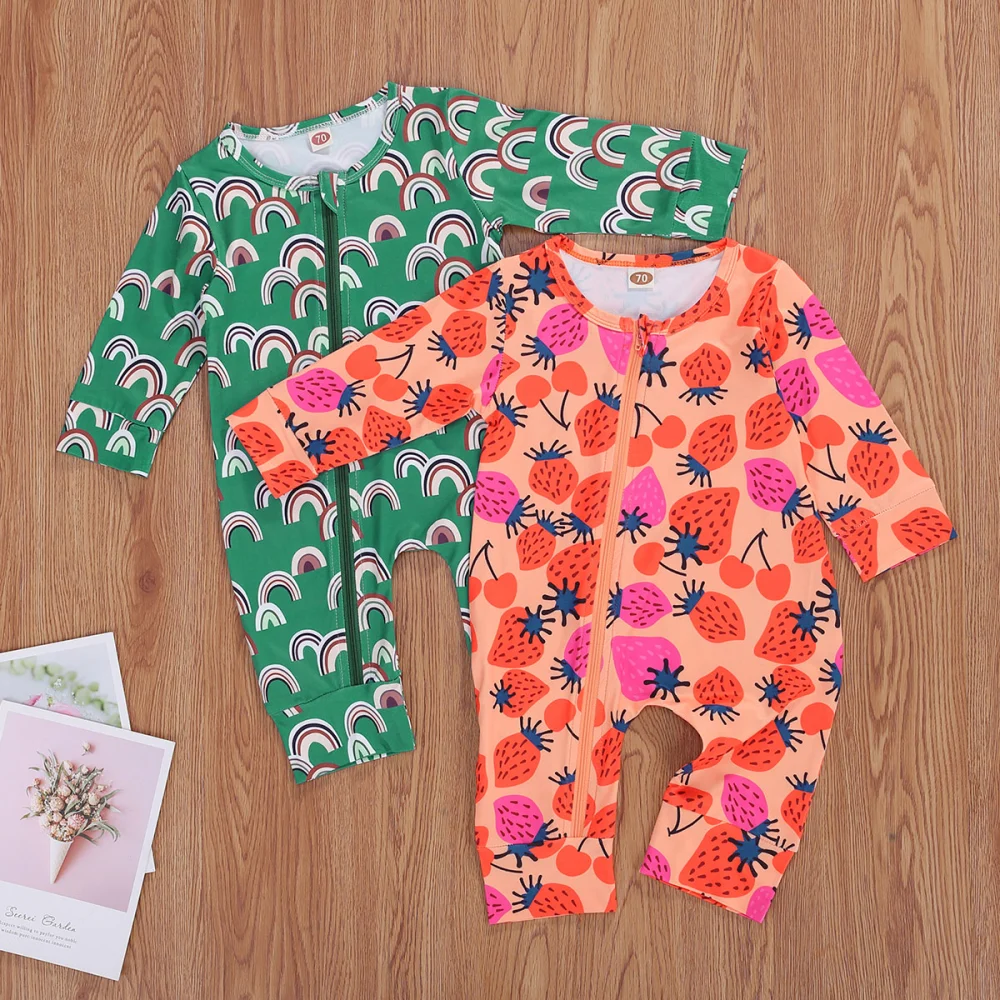 Infants Fall Slant Zipper Rainbow Strawberry Printed Sports Sleeping Romper