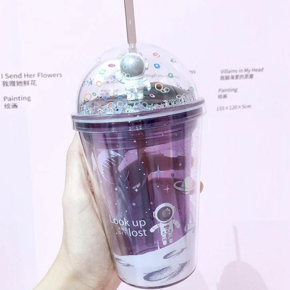 Double Layer Straw Cup Space Wandering Theme Plastic Water Cups
