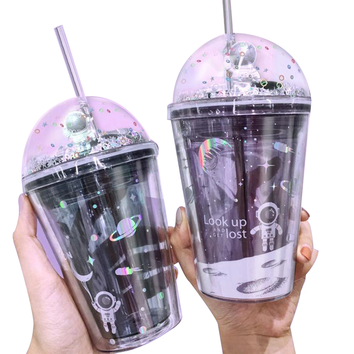Double Layer Straw Cup Space Wandering Theme Plastic Water Cups