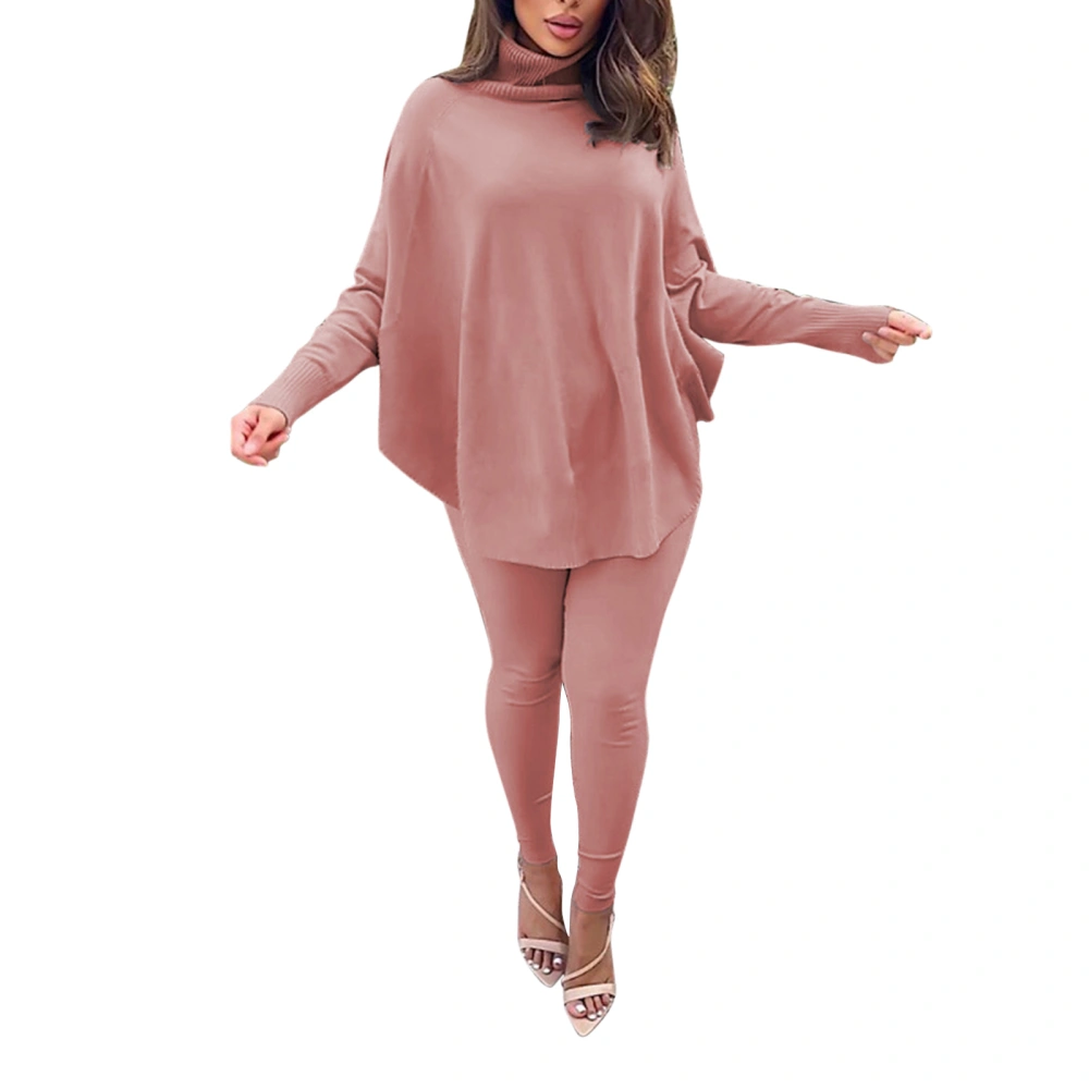 Women Solid Color Batwing Sleeve High Collar Slit Pullover + Pencil Pants