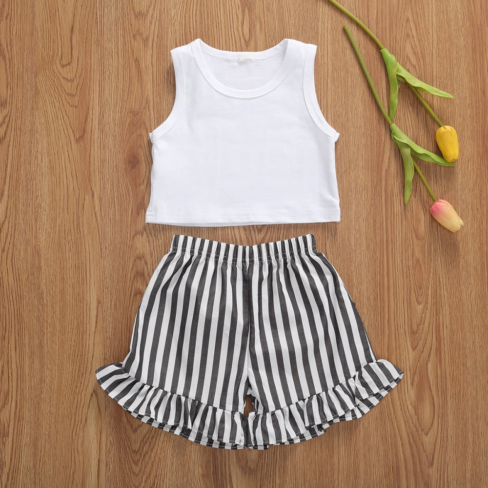 Girls 2 Pieces Outfit, Solid Color Vest + Striped Shorts Summer Set