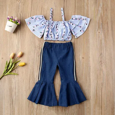 Girl's Clothing Set, Printing Short Tops + Striped Bell-Bottom Trousers