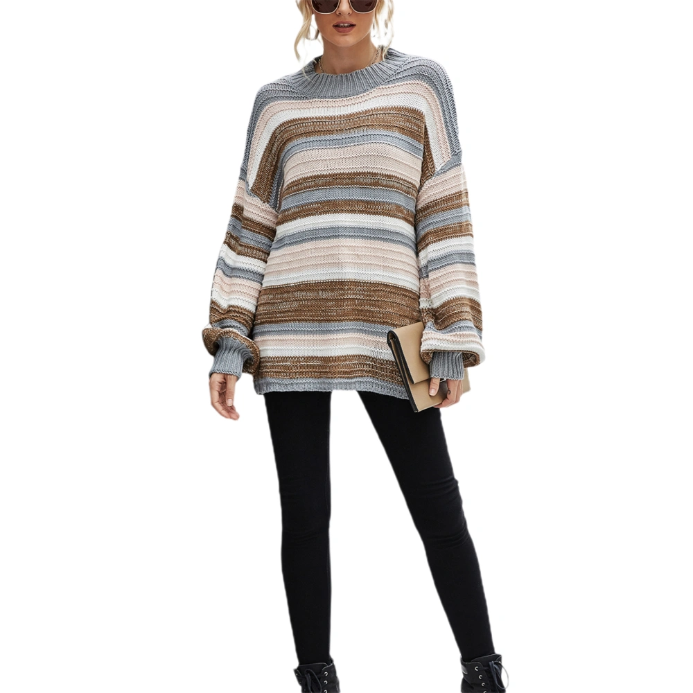 Women Fashion Stripe Color Block Top Stylish Long Sleeve Pullover Sweater