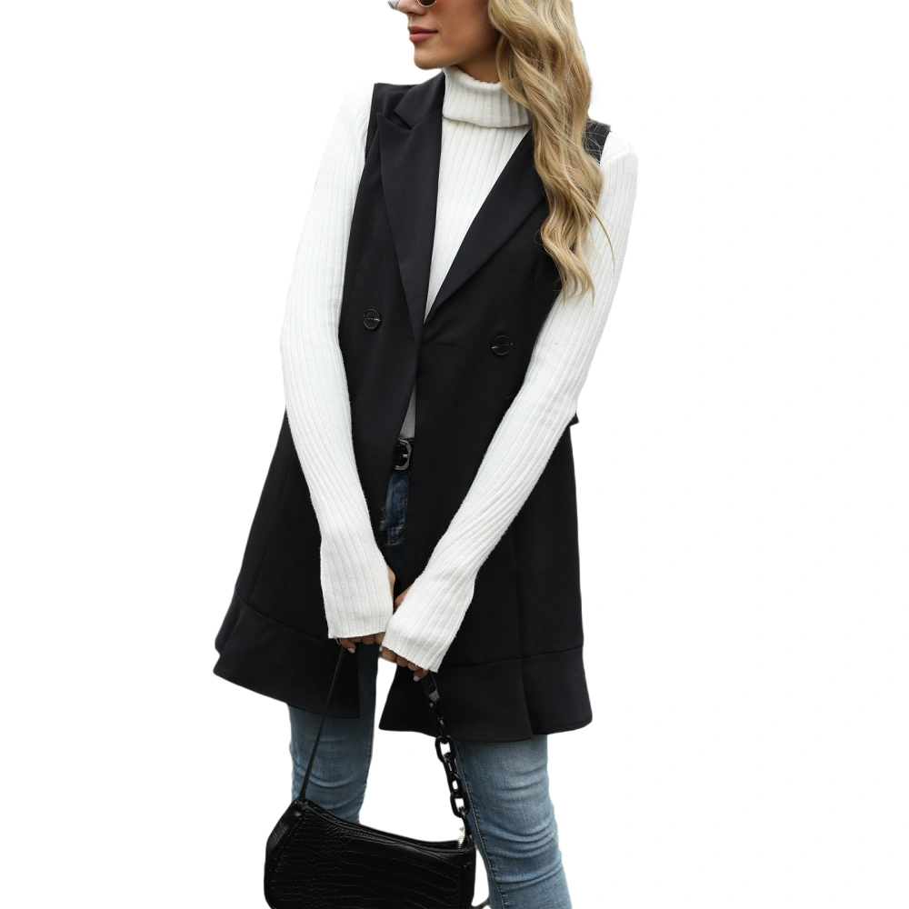 Solid Color Women Long Vest, Lapel Collar Buttoned Sleeveless Vest with Pockets