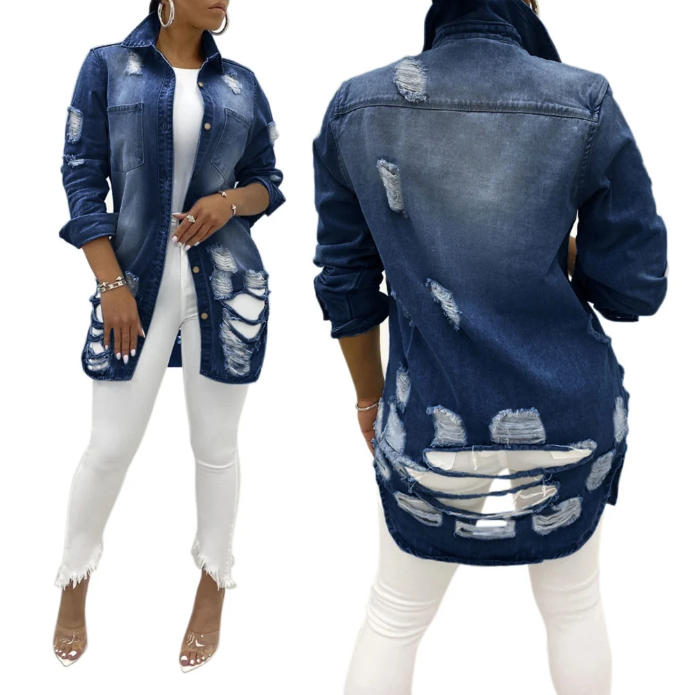 Women’s Solid Color Ripped Lapel Single-breasted Denim Jacket