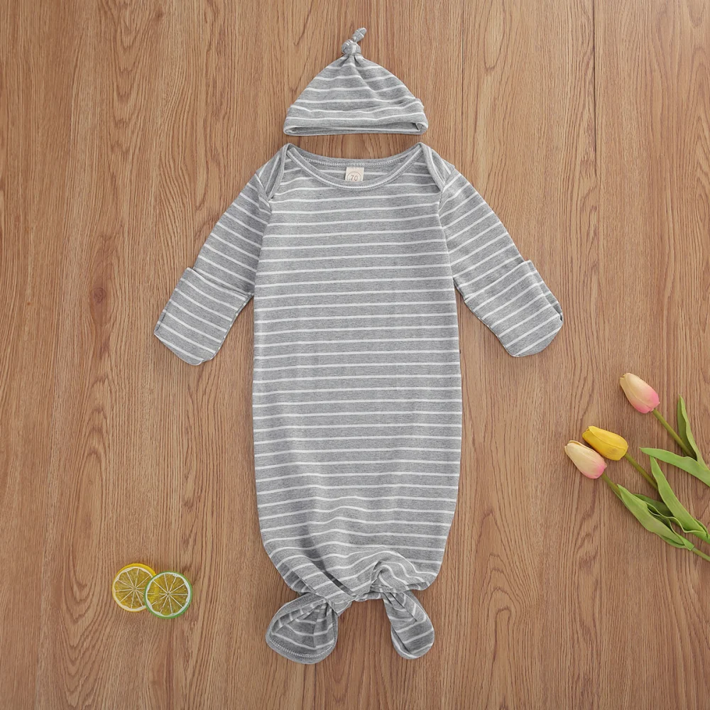 Unisex Baby Striped Nightgowns Long Sleeve Knotted Sleeping Bag with Hat