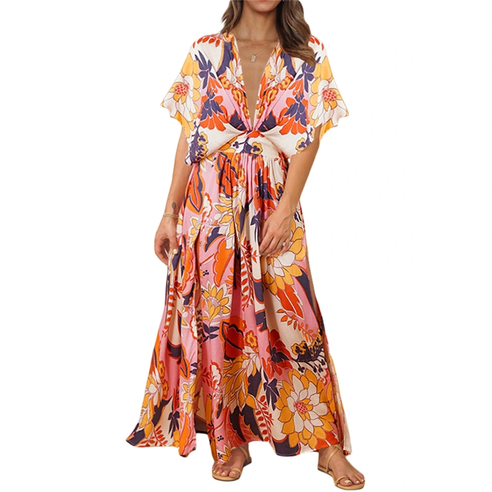 Women’s Fashion Print V-neck High Waist Bat Sleeve Slit Long Dress