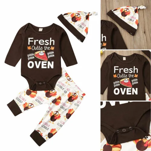 Baby's Thanksgiving Letter Bodysuit with Turkey Long Pants and Hat