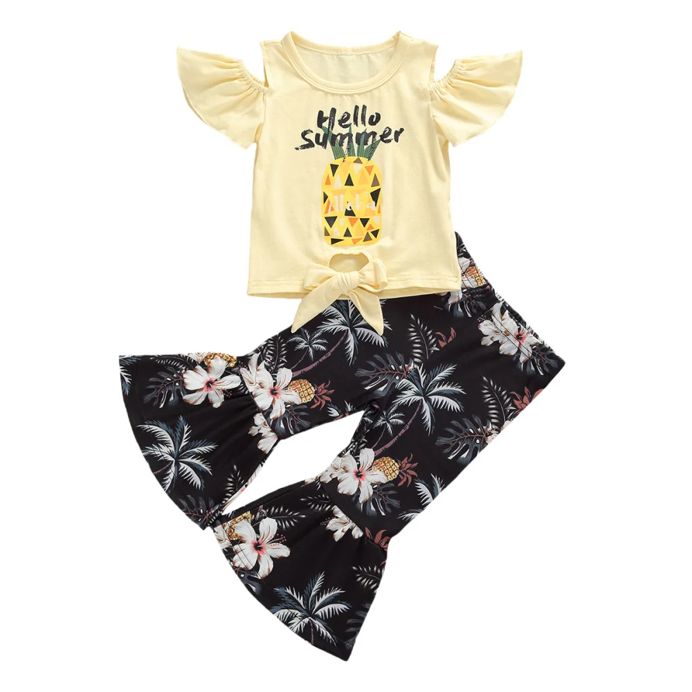 Girls Flare Pants Set Fruit Letter Print Flying Sleeve Top Stretch Trousers Suit