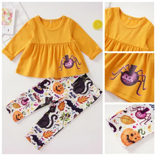 Girls 2 Pieces Halloween Outfits, Spider Print Tops + Print Pants