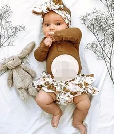 Baby Girl's Solid Color Long Sleeve Romper + Floral Shorts + Headband