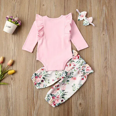 Girl's Long Sleeve Floral Rabbit Romper + Floral Pants + Headband