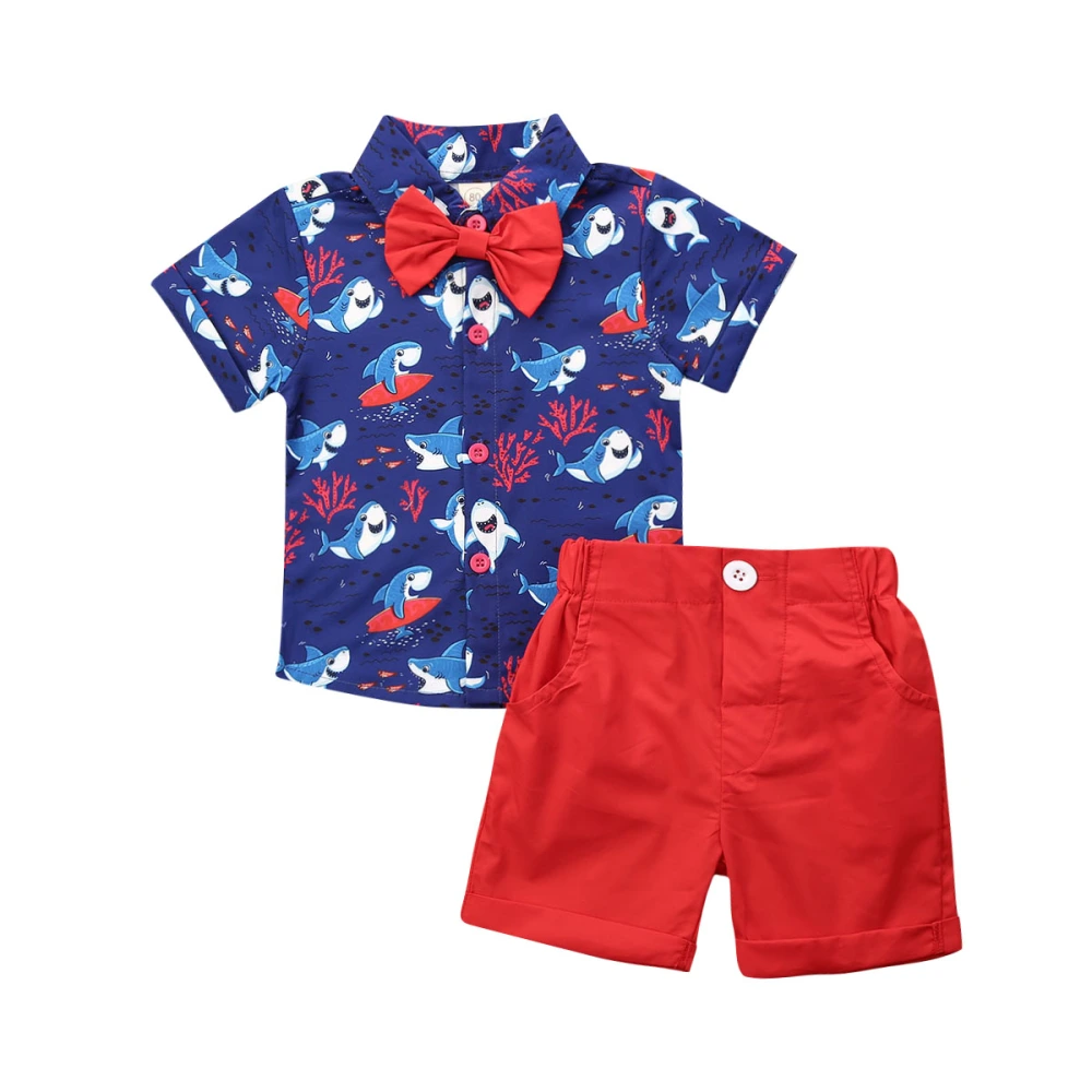 Baby Boy's Summer Short Sleeve Shark Print Button Down Shirt Top + Red Shorts