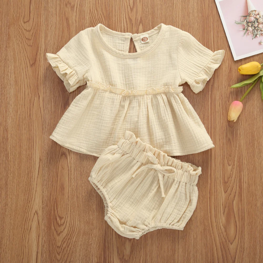 Baby Girl Clothes Suit Monochrome Cool Ruffle Short Sleeve Top Stretch Shorts