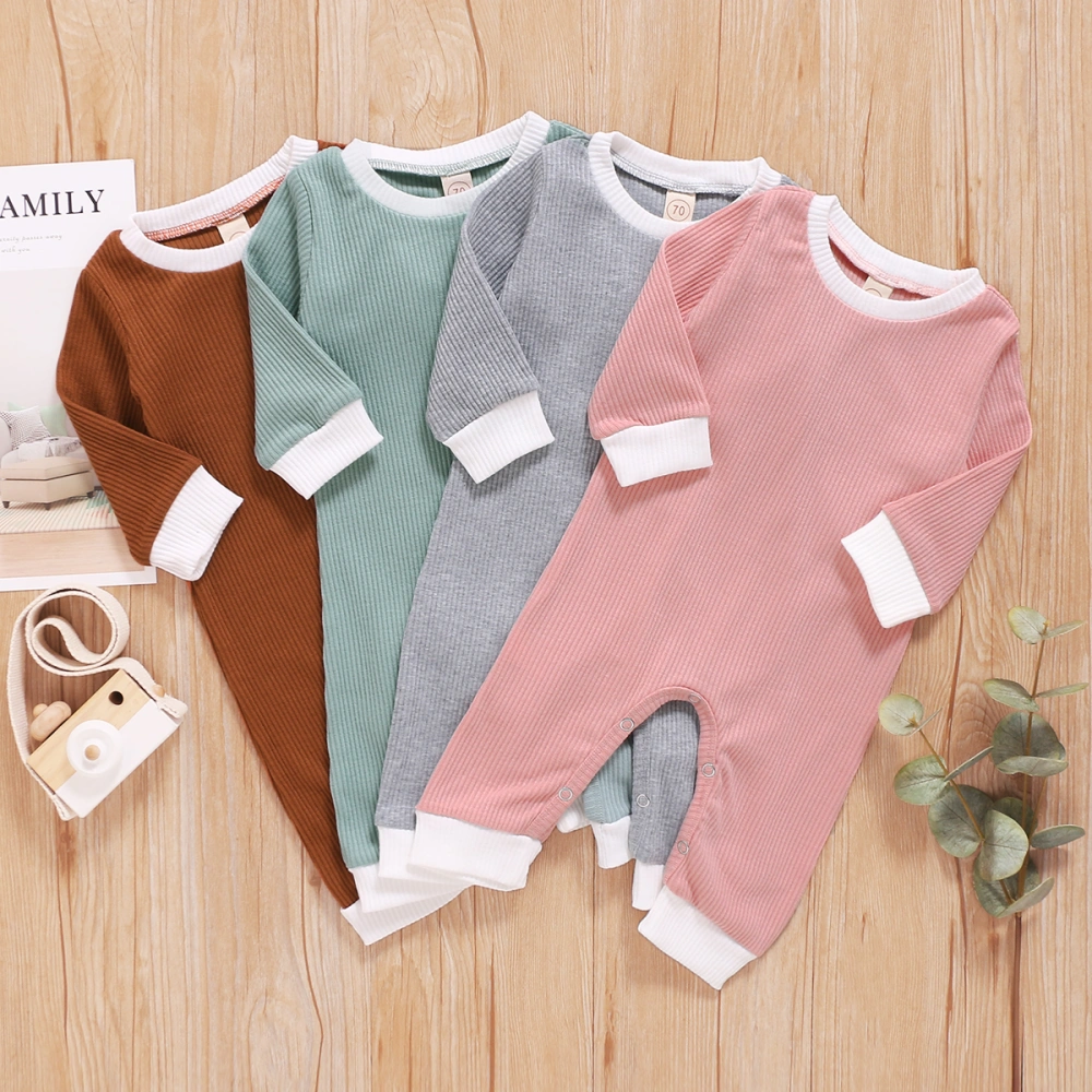 Baby's Solid One-piece Bodysuit, Long Sleeve Round Neck Baby Jumpsuit