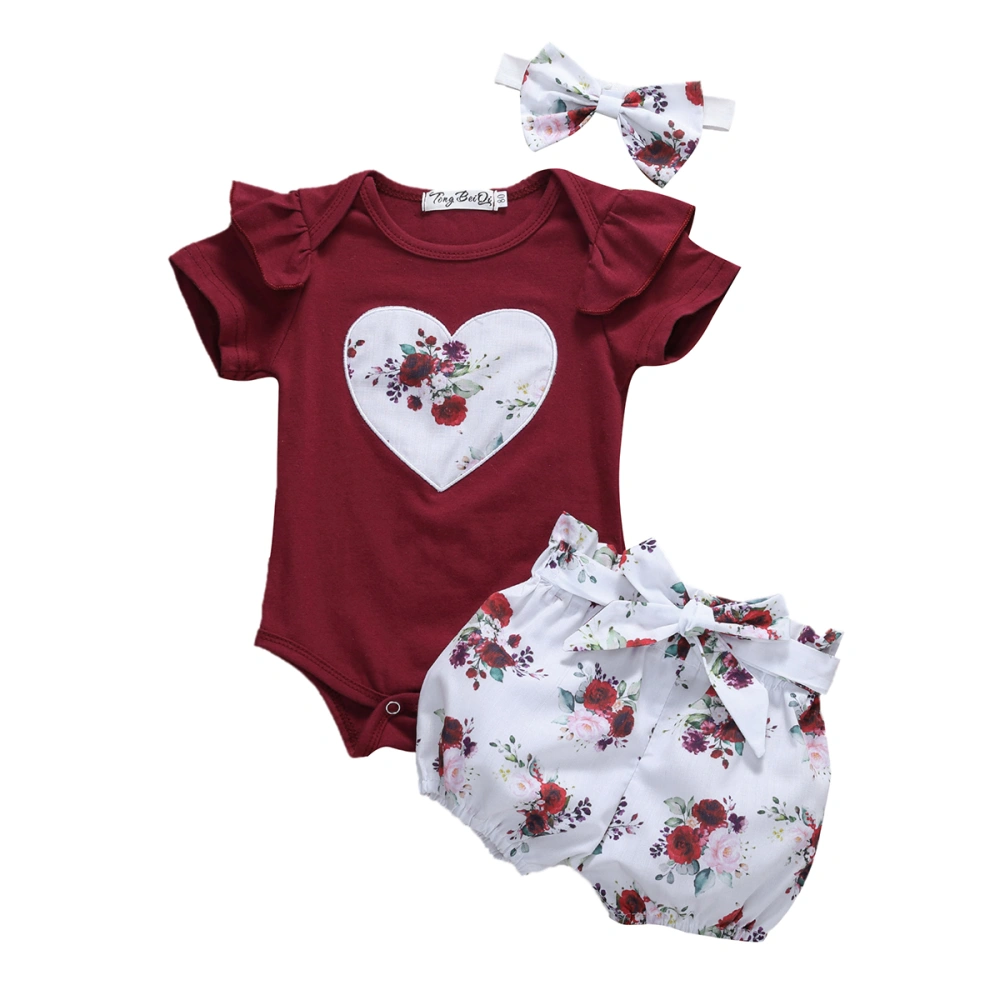 Baby Girl Short Pants Sets, Ruffles Romper + Printed Shorts + Headband Sets