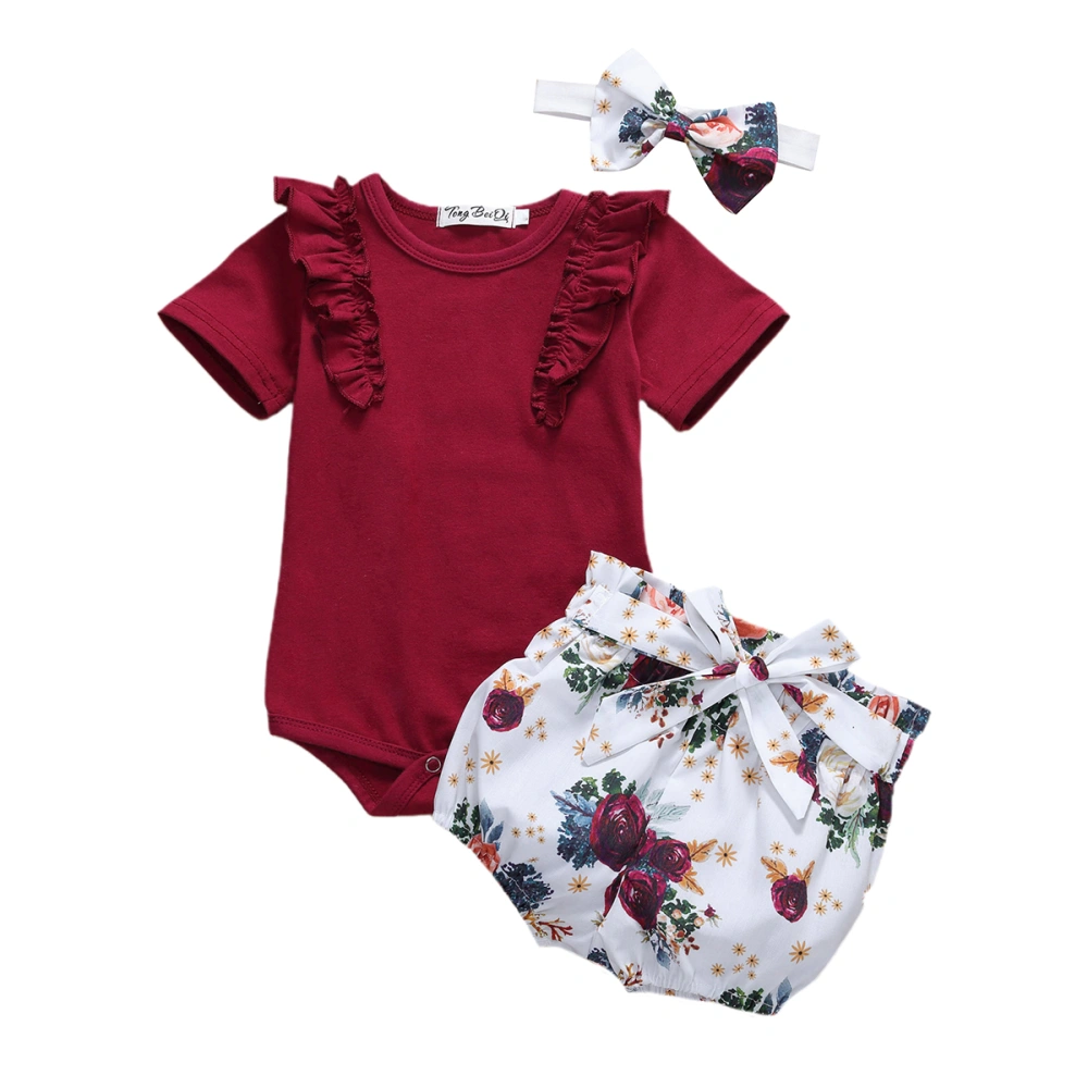 Baby Girl Breeches Suit Hairband Lace Decoration Romper Flower Print Shorts Set