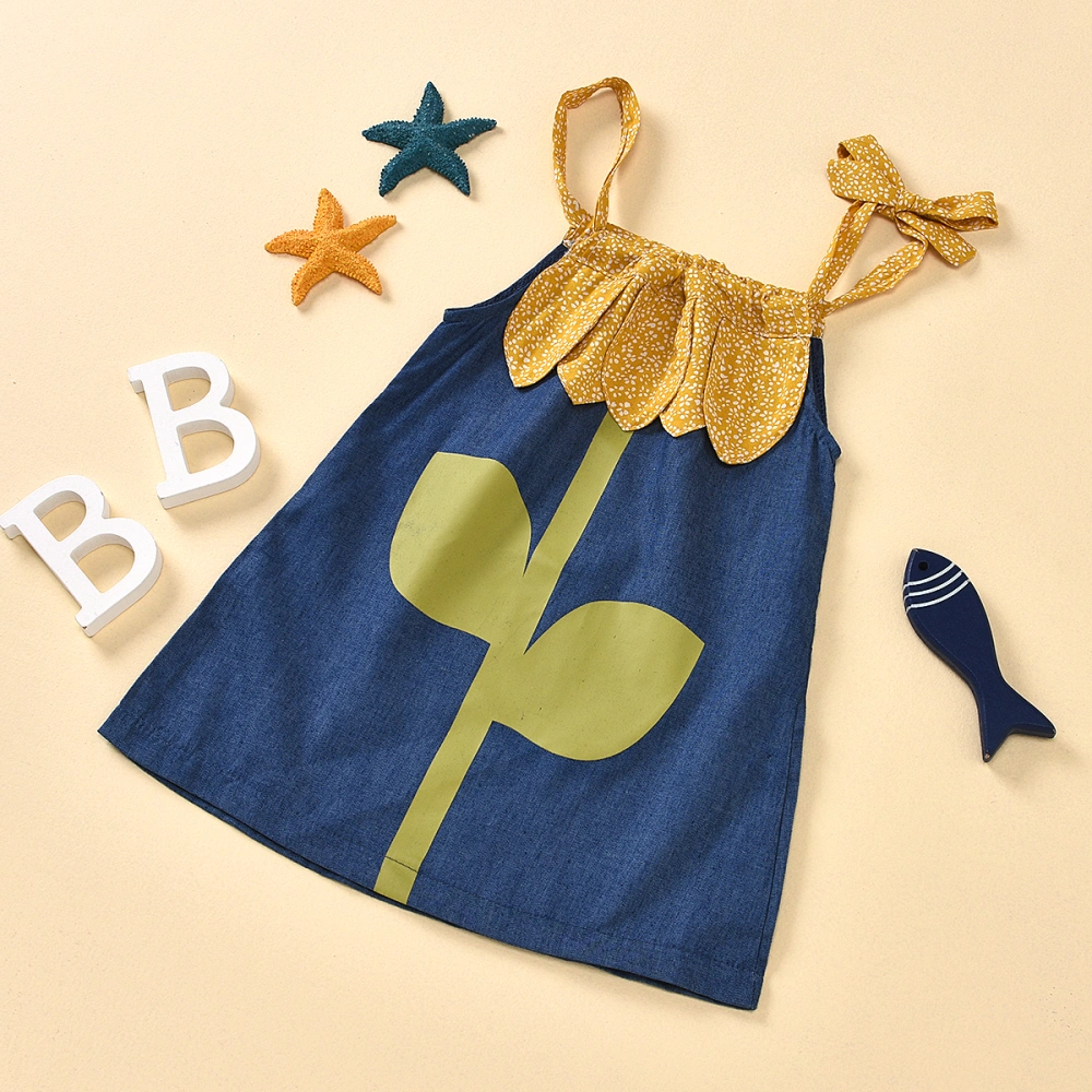 Infant Girls Sleeveless Dress Flower Leaf Print Petal Decor Dress