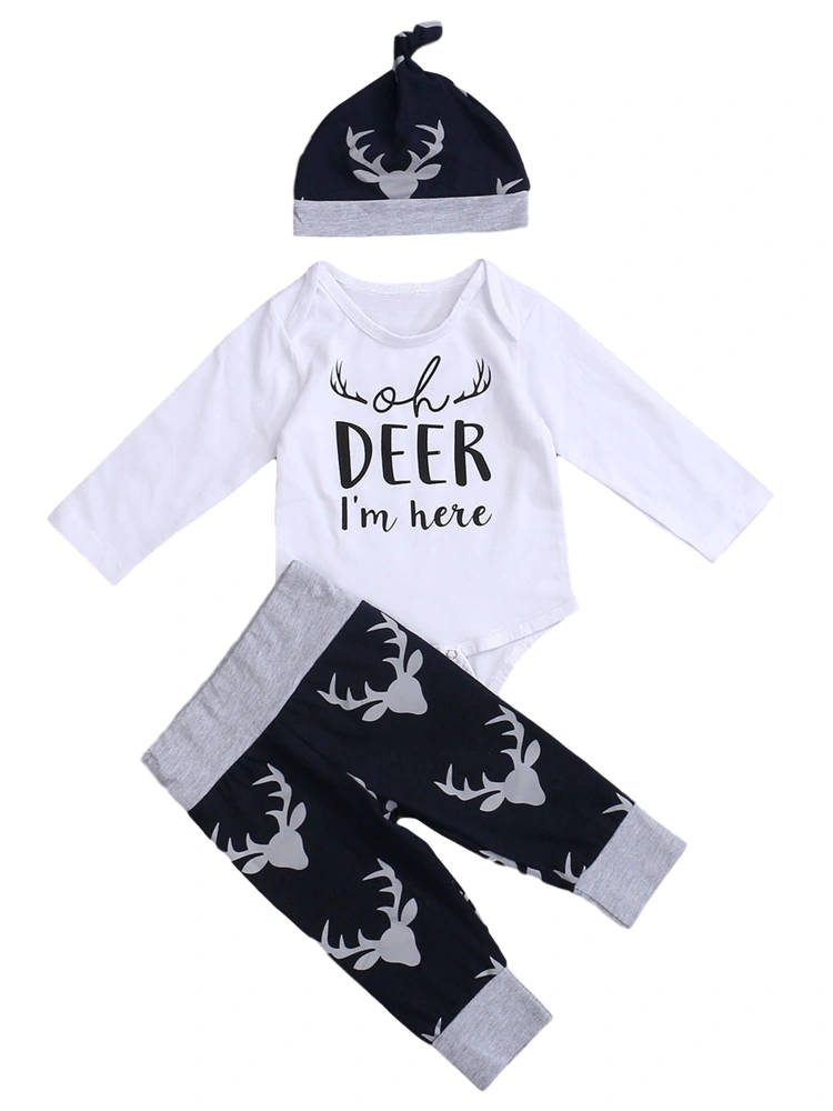 Baby Clothes Set Letter Print Long-Sleeved Romper + Elk Print Trousers + Hat