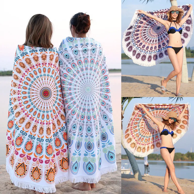 Beach Blanket Round Fringe Embellished Geometric Printed Beach Towel