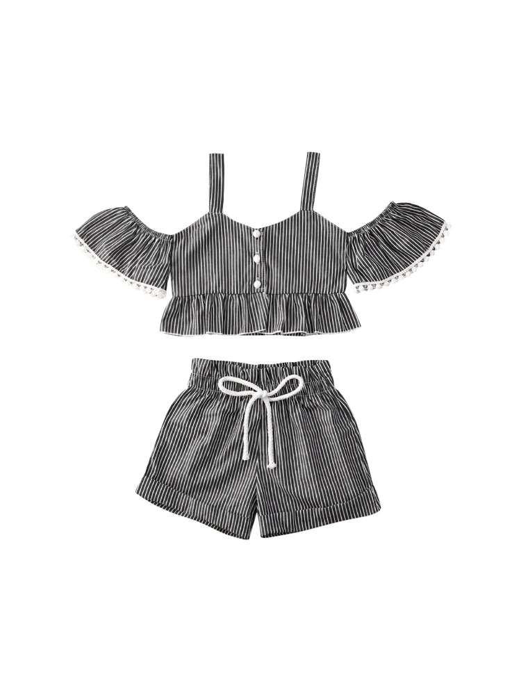 Girls Striped Clothing Set, Flying Sleeve Crop Tops + Stretchy Shorts