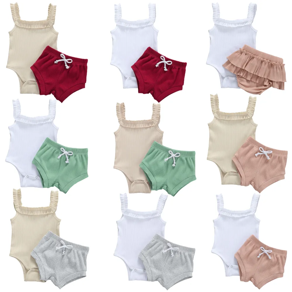 2Pcs Baby Summer Outfits, Solid Color Square Collar Sleeveless Romper + Shorts