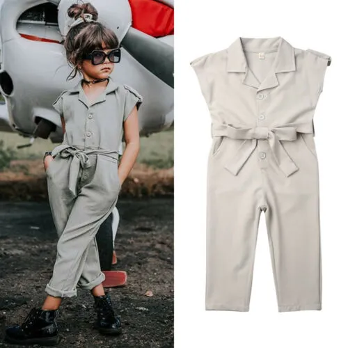 Kids Baby Girls Jumpsuit Solid Color Sleeveless Button-Down Romper