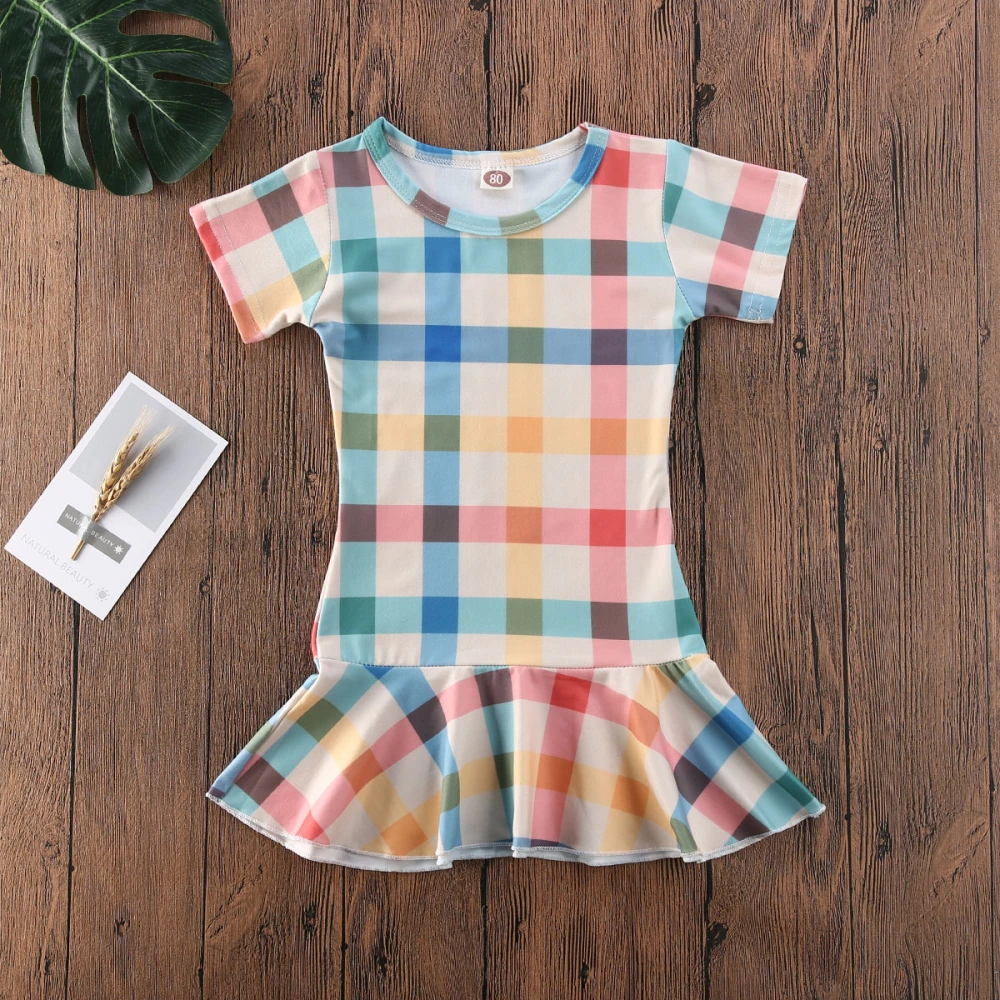 Girl Short Sleeve Dress, Colorful Plaid Print Crew Neck Casual Dresses