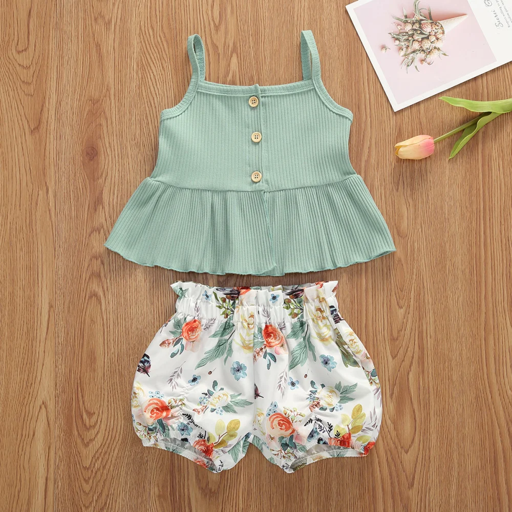 Baby Breeches Suit Suspenders Pit Strip Ruffled Tops Flower Stretch Shorts Set