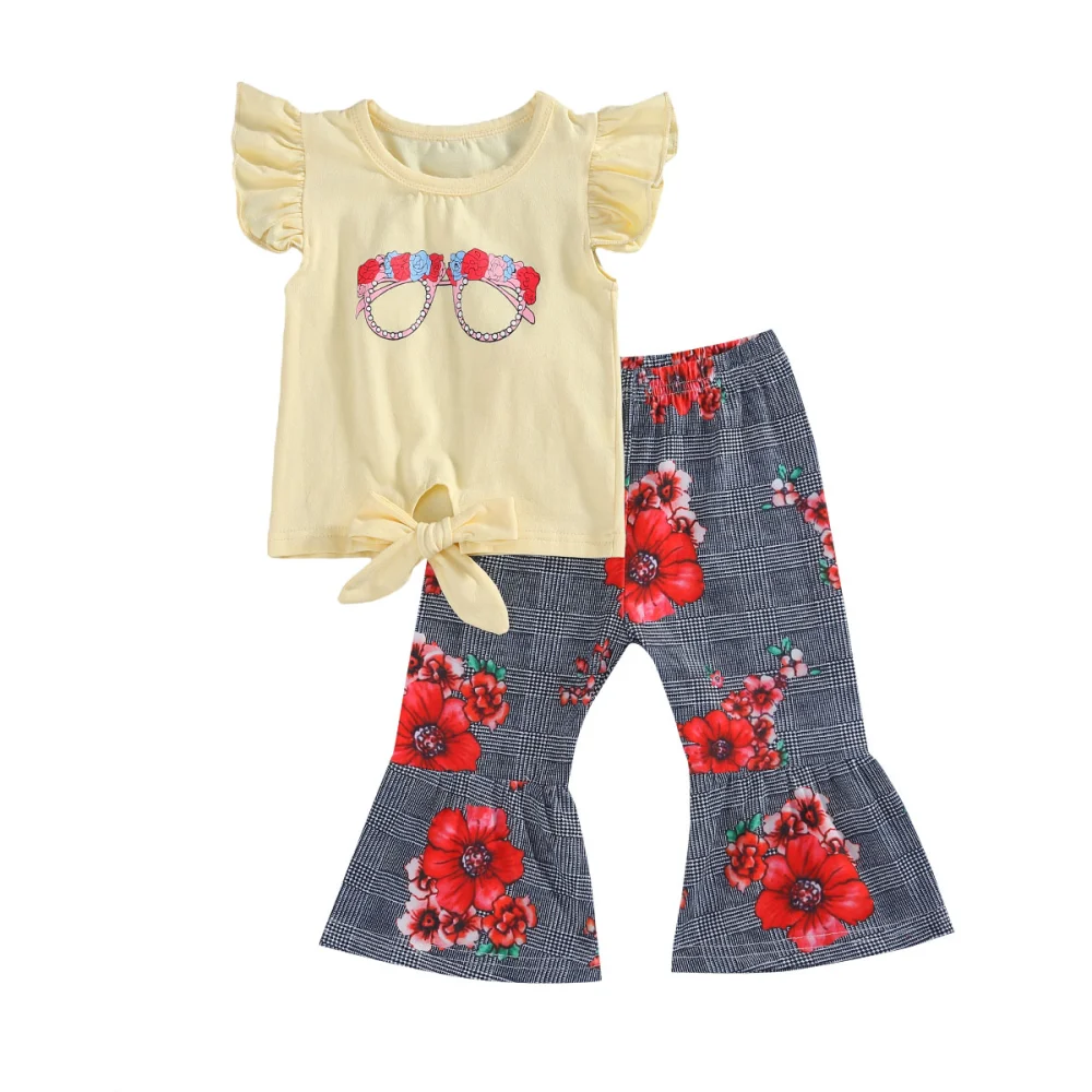 Girls' Trousers Suit Flying Sleeves Glasses Top Floral Bell Bottom Pants Set