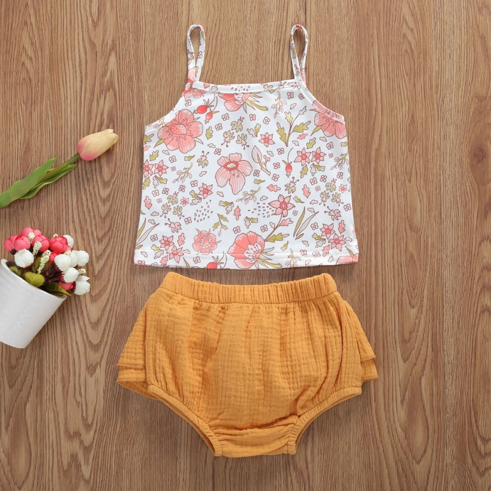 Girls Clothing Set, Floral Suspender Tops + Elastic Waist Plain Shorts