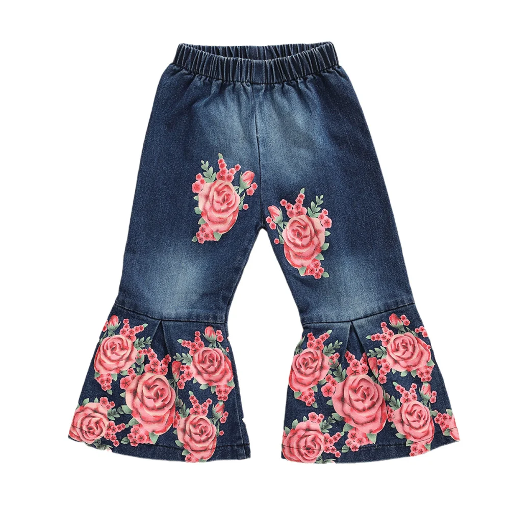 Toddler Baby Girls Flare Pants Bell Bottom Floral High Waist Jeans