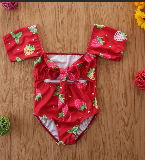 Girls One-piece Off-shoulder Swimsuit, Strawberry Print Short Sleeve Swimwear