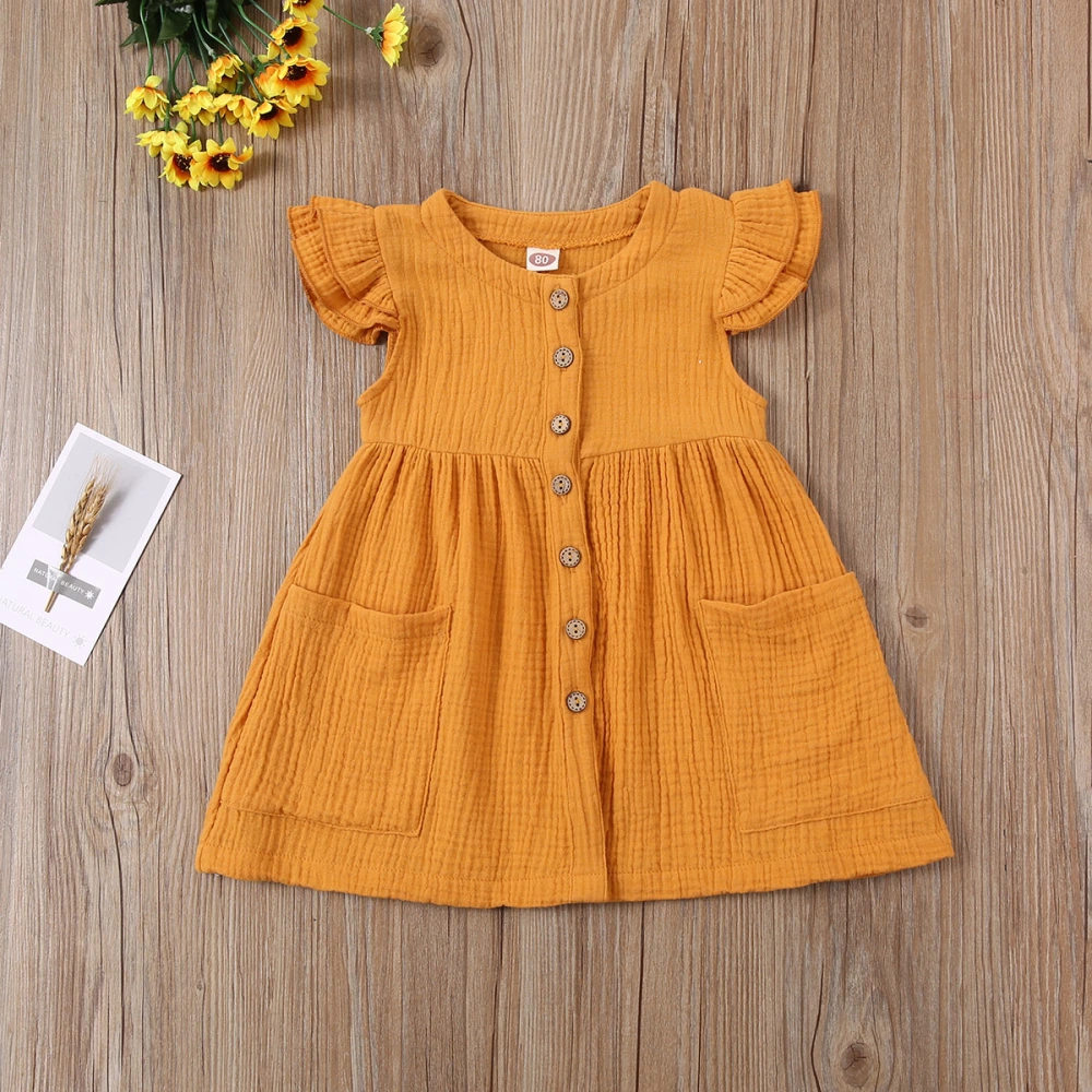 Girls Summer Fly Sleeve Dress Solid Color Round Collar Single-breasted Dresses