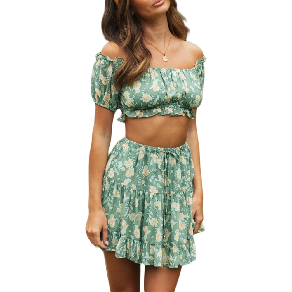 Women 2 Pieces Skirt Outfit, Floral Print Boat-Neck Crop Tops + Skirt