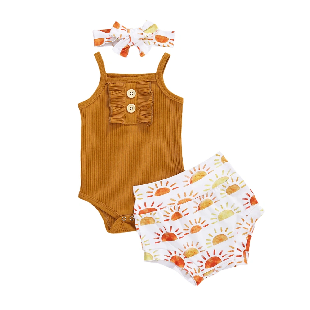 Girls 3 Pieces Outfit, Sleeveless Romper + Shorts + Headwear Set