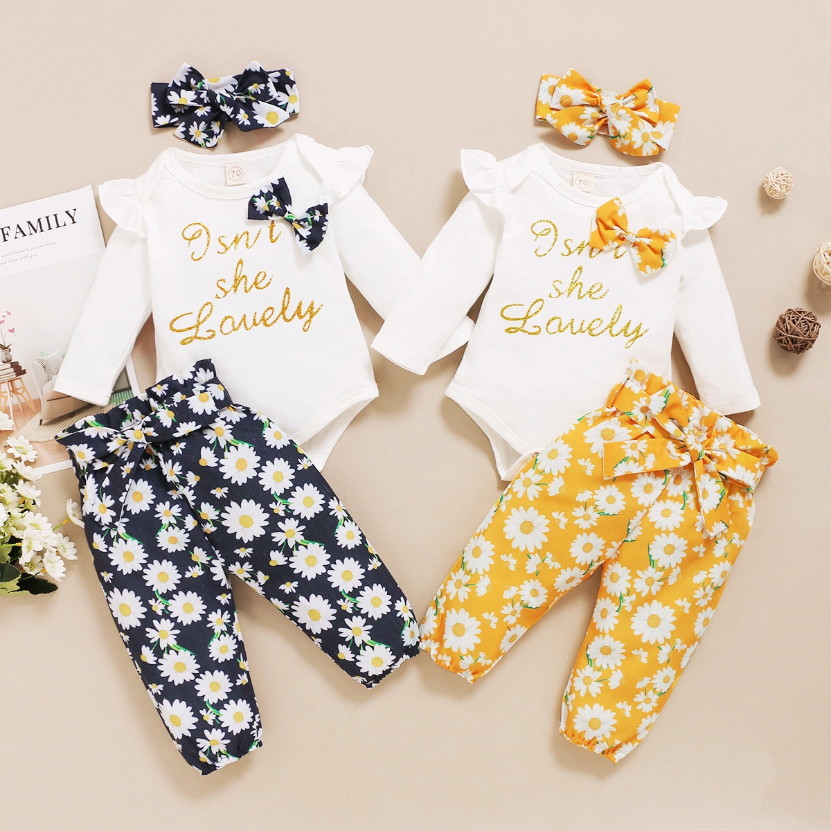 Newborn Baby Girl Suit, Letter Romper Tops+Flower Long Pants+Headband