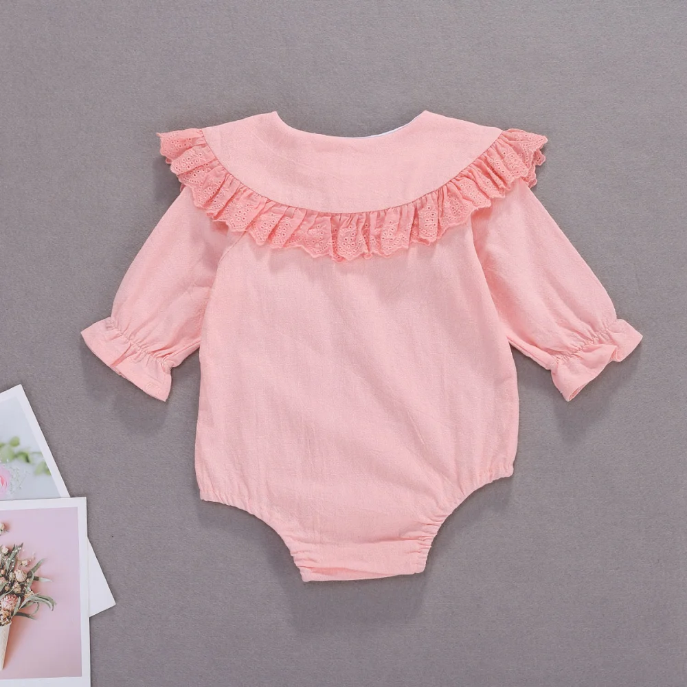 Baby Girl's Solid Color Long Sleeve Romper Lace Doll Collar Jumpsuits