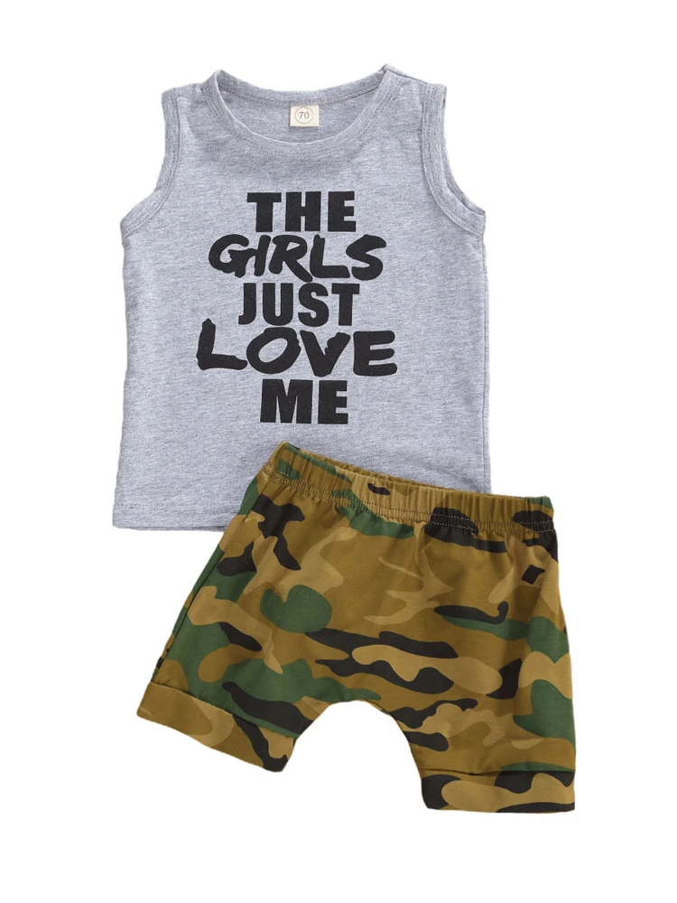 2Pcs Baby Boy's Short Set Letter Pattern Sleeveless Vest Camouflage Shorts