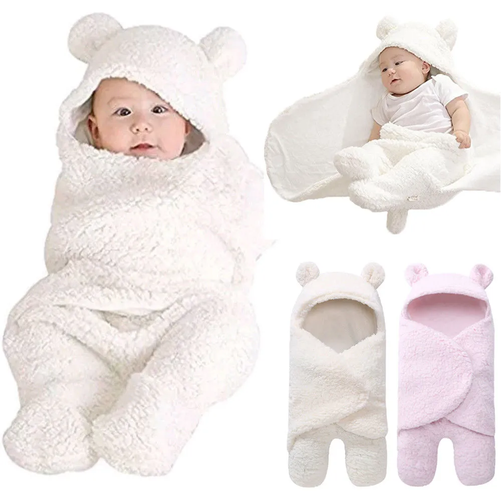Fleece Baby Receive Blanket Warm Swaddling Wrap with Animal Ears