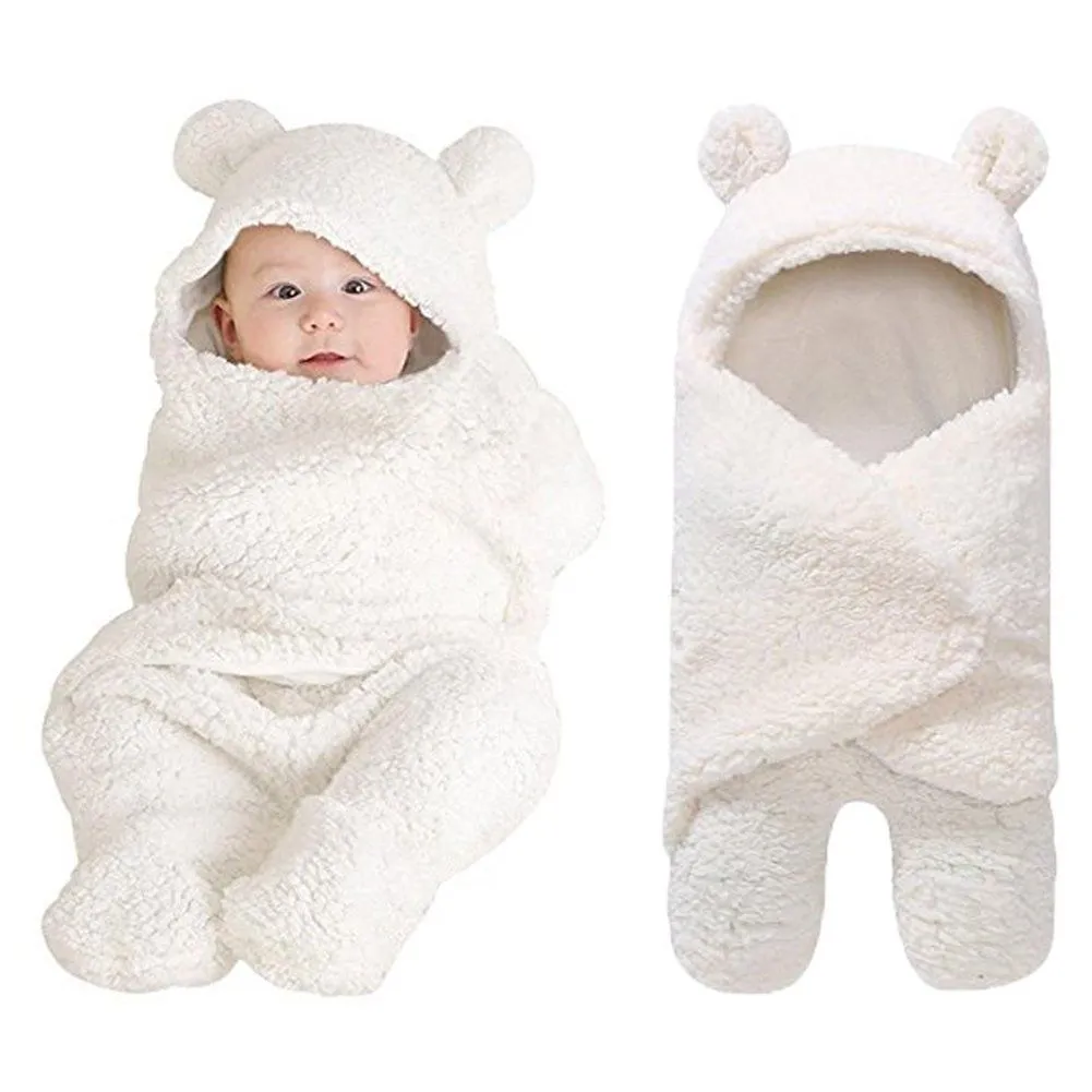 Fleece Baby Receive Blanket Warm Swaddling Wrap with Animal Ears