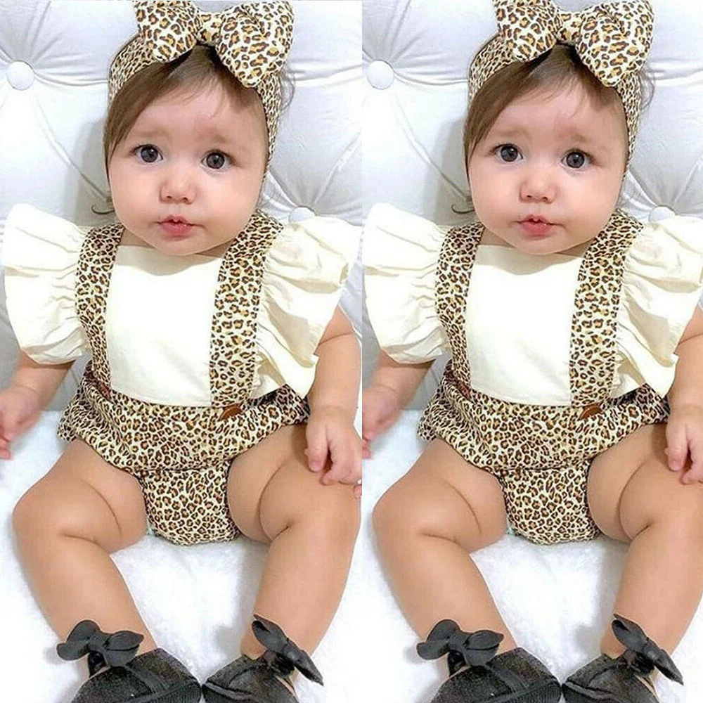 Baby Girls Leopard Print Clothes Set, Backless Square Collar Romper+Headband