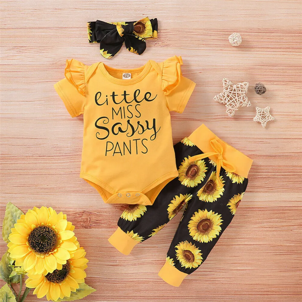 3Pcs Baby Girl Clothes Set, Short Sleeve Romper + Sunflower Print Long/Short Pants + Headband Summer Outfits