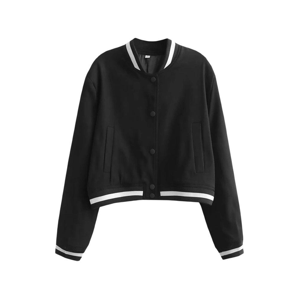 Women Cropped Baseball Jackets Patchwork Buttons Baseball Coat